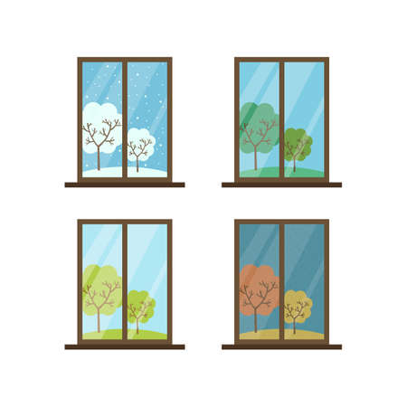 Windows with seasons and weather landscapes and trees. Flat cartoon style. Vector illustrationのイラスト素材