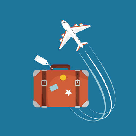 Suitcase and airplane. Vector illustration of suitcase and plane flat icons isolated on background. Let's go travel conceptのイラスト素材