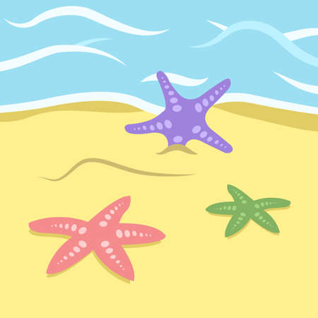 Background with starfishes on the sand and ocean. Flat cartoon style. Vector illustration of tropical beachのイラスト素材