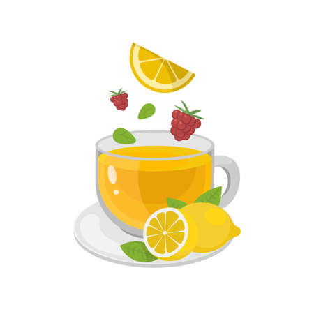 Cup of herbal tea with lemon, raspberries and leaves of mint. Vector illustration isolated on white backgroundのイラスト素材