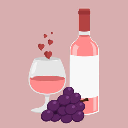 Bottle and glass of red wine and bunch of grapes. Vector illustrationのイラスト素材