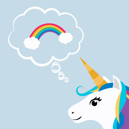 Unicorn dreams about rainbow. Lovely unicorn head with opened eyes. Thoughts bubble. Cartoon...