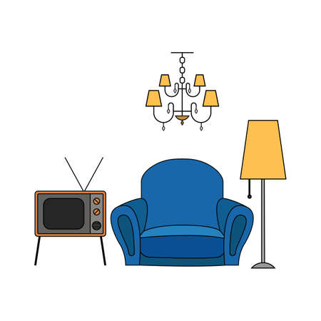 Set of furniture vector illustration. Retro TV set, lamp, chandelier, armchair.のイラスト素材