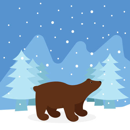 Brown bear stands in snow in the winter forest. Vector illustration. Flat styleのイラスト素材