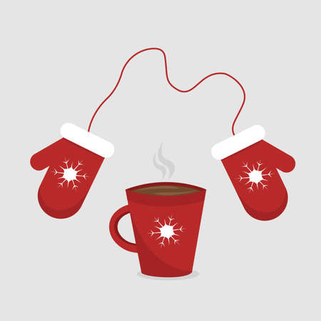 Cup of tea or hot coffee and red knitted mittens with snowflakes ornament. Cozy time in winter day. Vector illustration isolated on light backgroundのイラスト素材