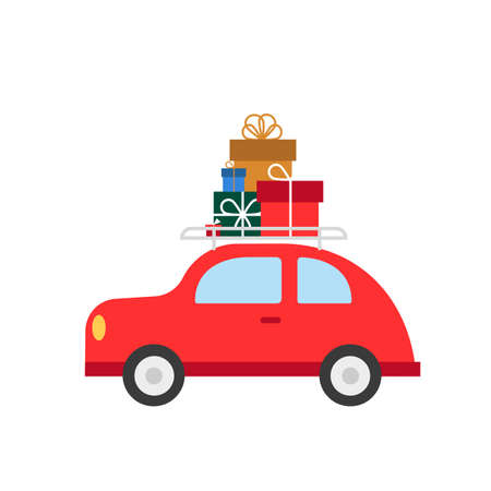 Red car with Christmas gifts isolated on white. Vector illustration. Flat styleのイラスト素材