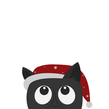 Cute cat with a christmas hat isolated on white. Cartoon character. Vector illustration. Flat styleのイラスト素材