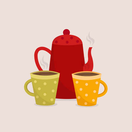 Red teapot with colorful cups. Cute tea set. Tea time. Flat cartoon style. Vector illustrationのイラスト素材