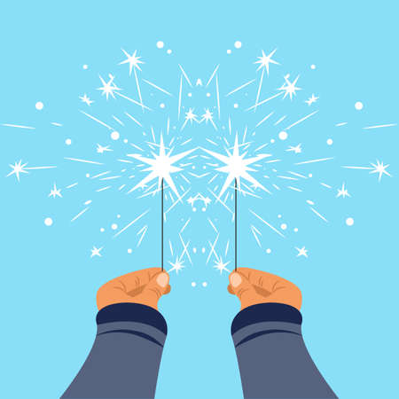 Hands hold burning sparklers, firework. Vector illustration of bengal lights in handsのイラスト素材