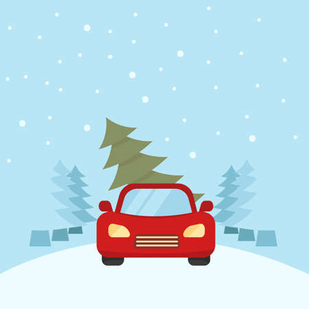 Red car with Christmas tree on winter background. Vector illustration. Flat cartoon styleのイラスト素材