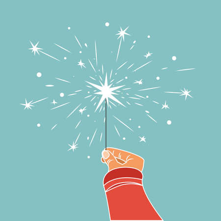 Hand holds burning sparkler, firework. Vector illustration of bengal light in handのイラスト素材