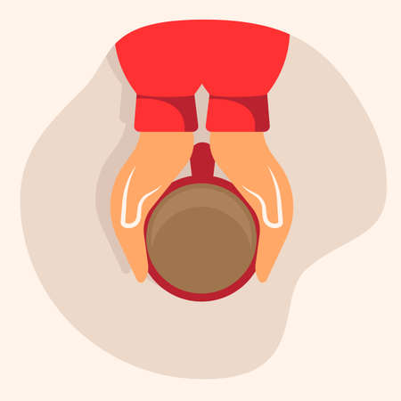 Hands holding a cup of coffee or hot chocolate. Flat cartoon style. Vector illustrationのイラスト素材