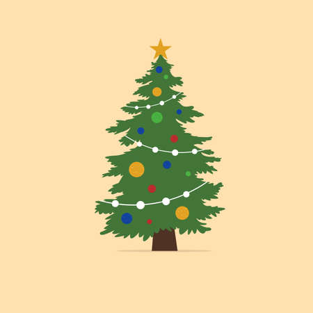 Decorated Christmas tree with star, decoration christmas balls and garland lights. Happy New Year. Vector illustration. Flat styleのイラスト素材