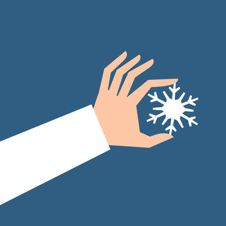 Hand holding snowflake isolated on background. Vector illustration. Flat styleのイラスト素材