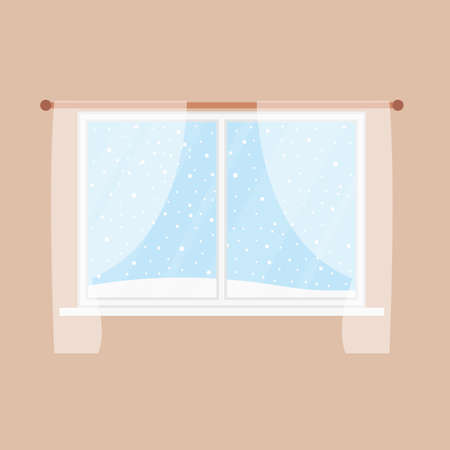 Window with white frame, winter, snowflakes out the window. Flat design. Vector illustration. Interior and exterior elementのイラスト素材