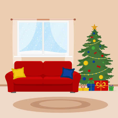 Christmas tree with gifts boxes in the living room. Cozy interior with sofa, window with winter landscape, carpet. Flat style. Vector illustrationのイラスト素材