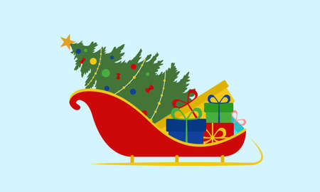 Santa sleigh with gifts and Christmas tree. Vector illustration. Flat designのイラスト素材