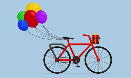 Bicycle with balloons and basket with red gift box. Flat style illustration for Mother's Day or Women's Day, greeting cards, invitationsのイラスト素材