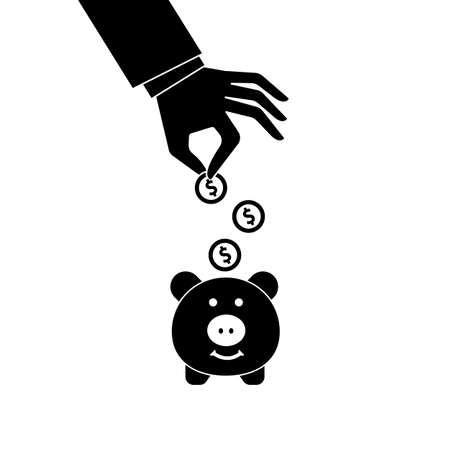 Piggy bank and hand. Business icon. Hand puts coin in piggy bank. Save money concept. Flat style. Vector illustrationのイラスト素材