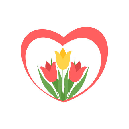 Tulips in the shape of heart isolated on white. Greeting card with flowers design element. Flat styleのイラスト素材