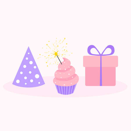 Birthday cupcake with bengal light and gift, party hat. Vector illustrationのイラスト素材