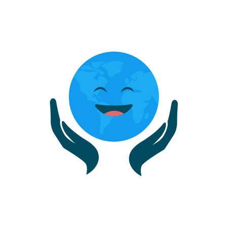 Earth planet with face between human hands isolated on white. Saving the world from environment pollution or World Earth Day conceptのイラスト素材