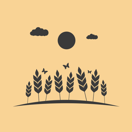 Wheat growing in the wheat field, sun, clouds, butterflies. Vector illustration. Flat styleのイラスト素材