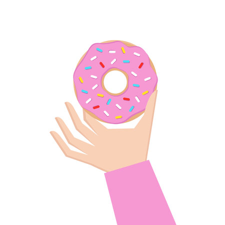 Hand holding donut isolated on white. Flat cartoon style. Vector illustrationのイラスト素材
