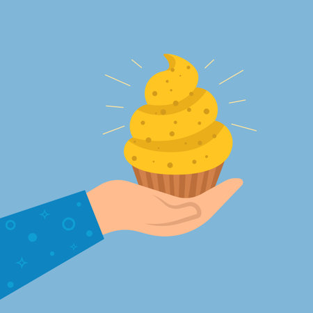 Hand holding happy birthday cupcake. Flat cartoon style. Vector illustration