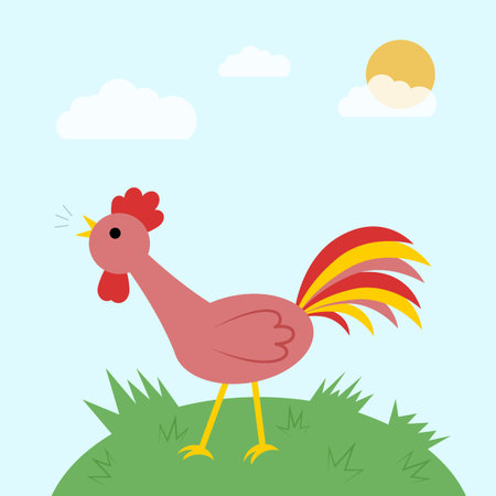 Rooster in the grass. Funny colored cartoon character crowing cock in the early morning. Vector illustrationのイラスト素材