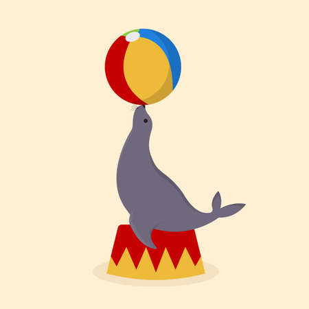 Fur seal playing with colored ball. Cute cartoon character, animal collection. Vector illustrationのイラスト素材