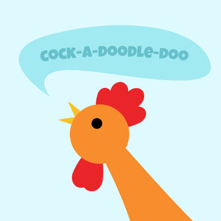 Cock head and speech bubble. Cock-a-doodle-doo text. Close-up portrait of a singing rooster in flat cartoon style. Vector illustrationのイラスト素材