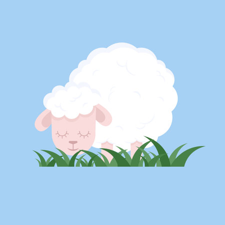 Sheep eating grass. Cute cartoon character vector illustration. Animal collectionのイラスト素材