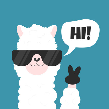 Cute cartoon llama with glasses and speech bubble. animal portrait. Alpaca vector illustration isolated on backgroundのイラスト素材