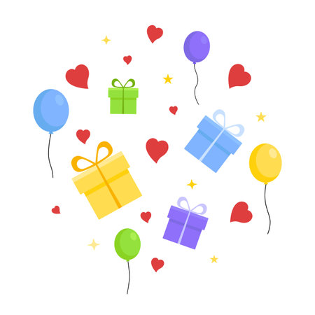 Gift boxes and balloons. Holiday set of gifts, balloons, hearts, stars isolated on white background. flat cartoon styleのイラスト素材
