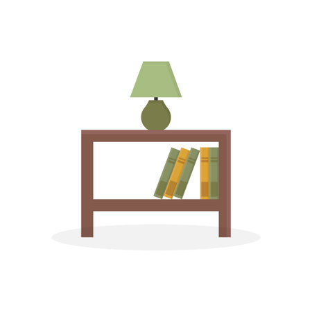 Modern wooden shelf with green lamp, books isolated on white. interior design elements. Vector illustration in flat cartoon styleのイラスト素材