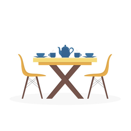 Dining table with two yellow chairs, blue cups and teapot, plates. Flat cartoon style vector illustrationのイラスト素材