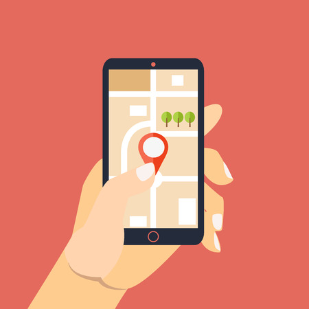 Mobile gps navigation. Hand holding smartphoneのイラスト素材