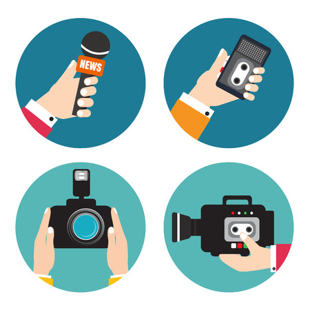Set of icons with hands holding voice recorders, microphones, camera. Voice recorder vector. Live news. Press illustration.のイラスト素材