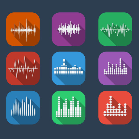Sound Wave Icon Set Color flat style. Music soundwave icons set. Equalize audio and stereo sound, wave, melody. Vector illustration.のイラスト素材
