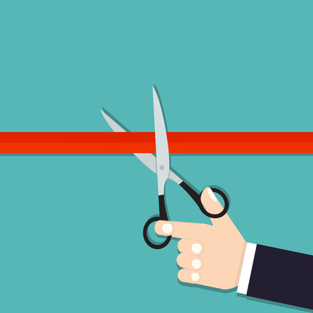 Ribbon Cutting. Grand opening. Coming soon. Scissors cut the red ribbonのイラスト素材