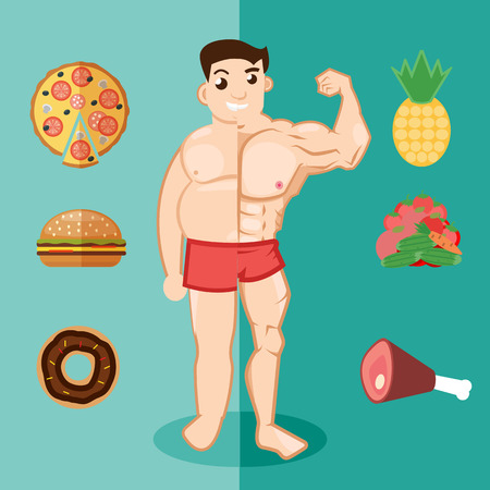 Unhealthy lifestyle, fat man, obesity. Man before and after fitnessのイラスト素材