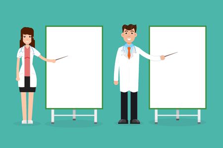 Doctor female and male with presentation board. Vector illustration.のイラスト素材