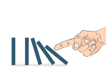 Domino effect. Hand pushing the domino. Vector illustration.のイラスト素材