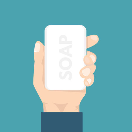 Hand holding soap. Wash hands. Vector illustration.のイラスト素材