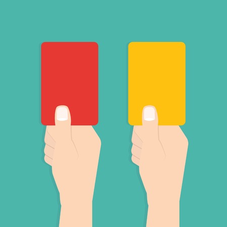 Judge hand with red and yellow card. Football vector illustrationのイラスト素材
