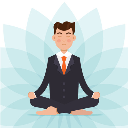 Office worker  meditating, sitting in lotus pose.  Businessman meditation concept. Vector illustration.のイラスト素材