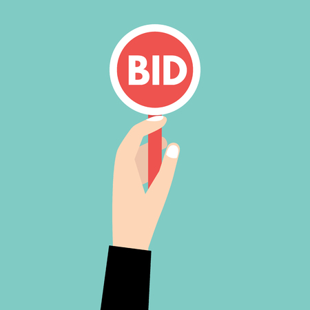 Hand hold paddle with BID. Bidding, Auction concept. Vector illustration.のイラスト素材