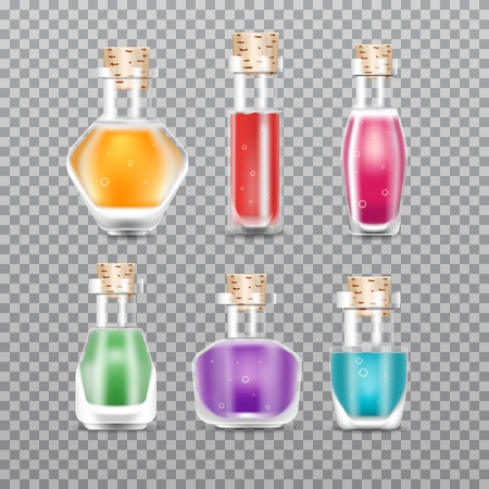 Realistic Chemistry glass bottles of potion set. Love potion. Vector illustration.のイラスト素材