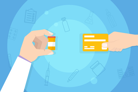 Medications Purchase, Buying medicine. Hand with credit card. Vector illustration のイラスト素材